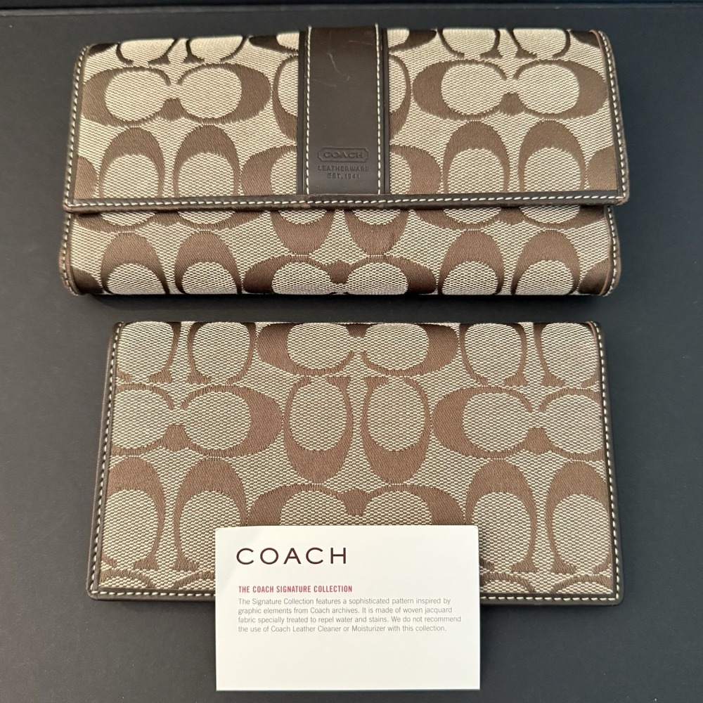 Coach Signature Jacquard Trifold Checkbook Wallet Y2K Khaki & Dark Brown Leather